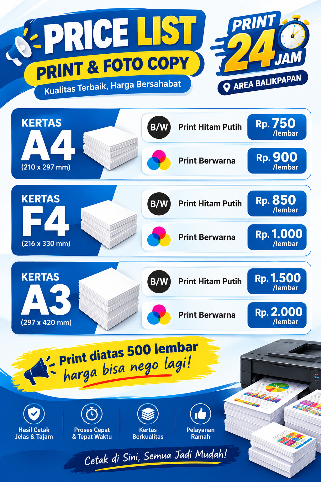 Daftar harga Print 24 Jam Balikpapan